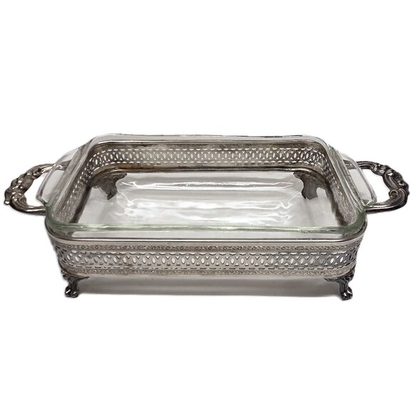 Anchor Hocking Fire King 1 Qt Glass Casserole Silverplate Serving Tray Footed - Picture 1 of 9